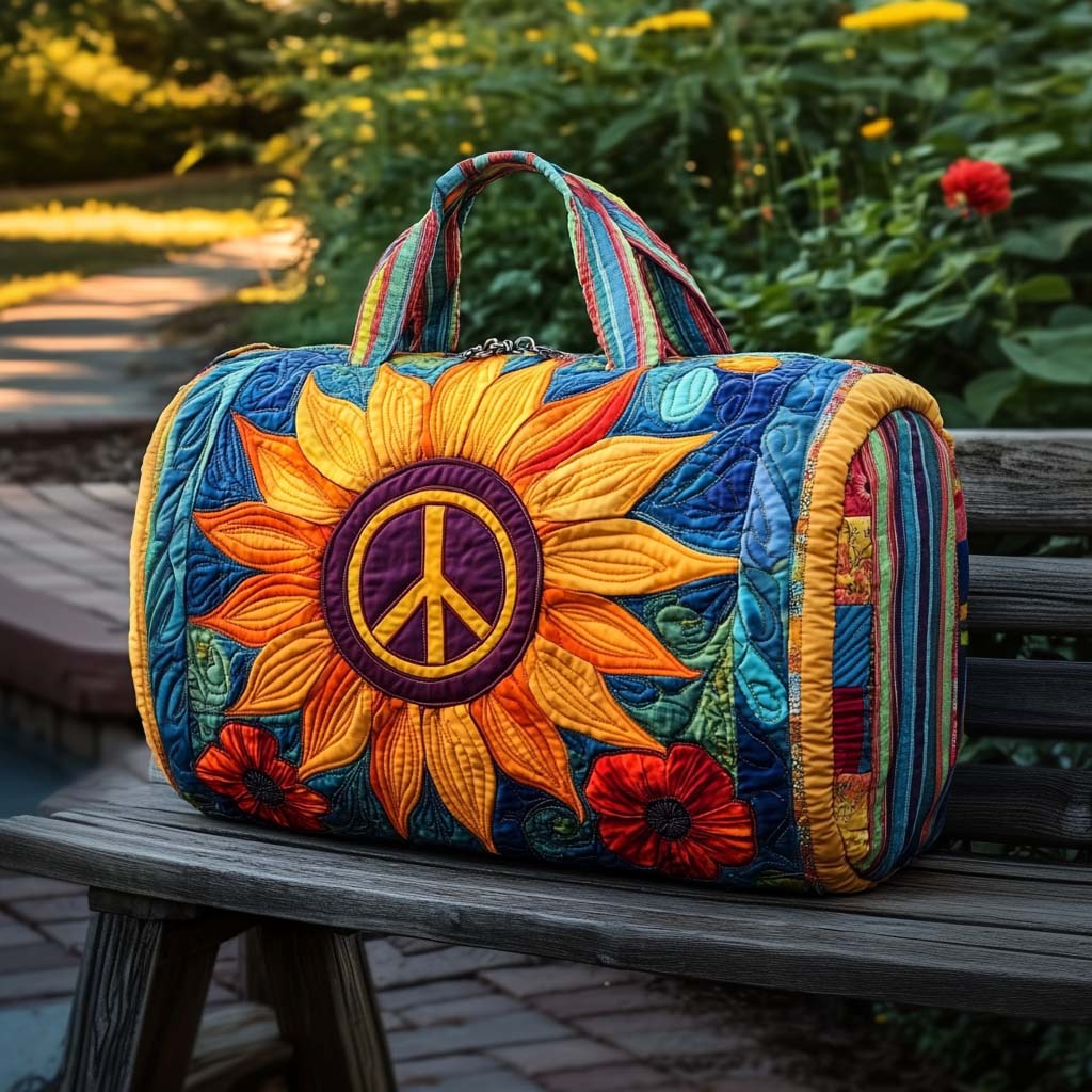 Quilted Travel Bag with Sun and Peace Symbol by Louise London