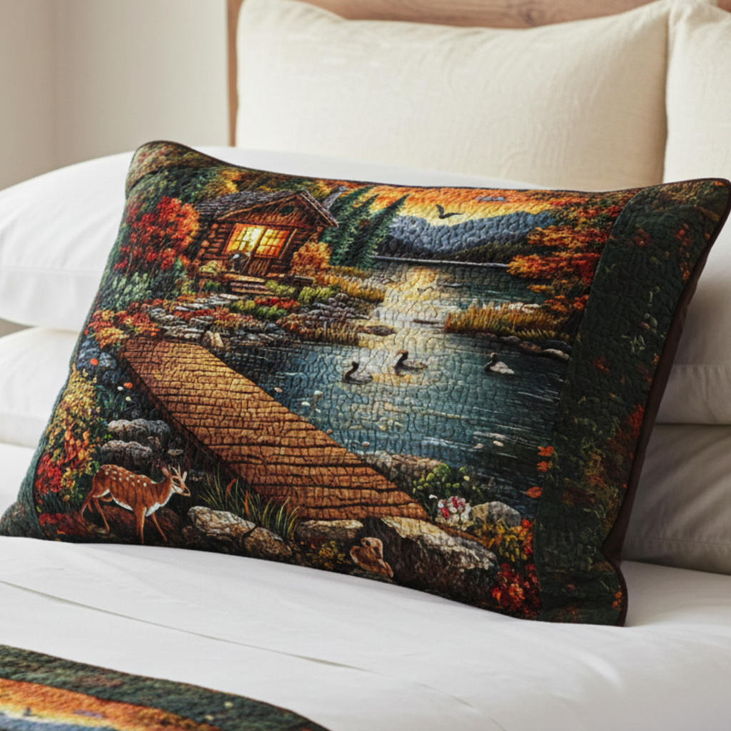 Quilted cushion cover with cabin by the lake at sunset by Louise London