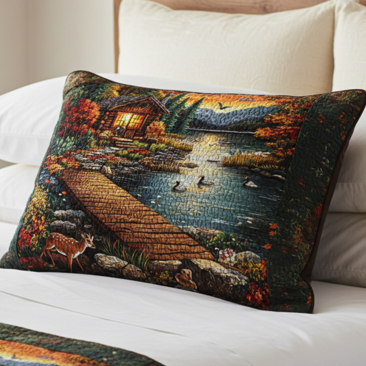 Quilted cushion cover with cabin by the lake at sunset by Louise London