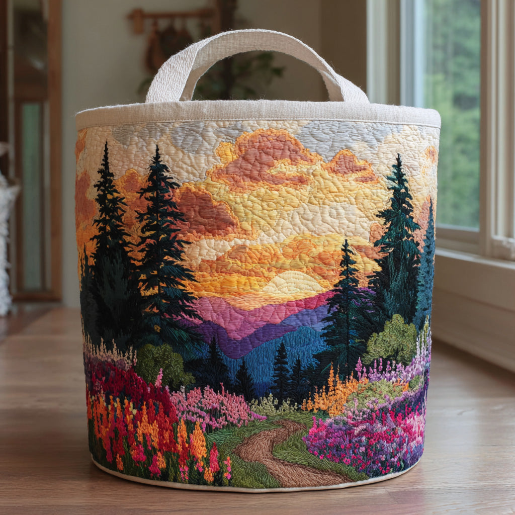 Quilted laundry basket with forest landscape