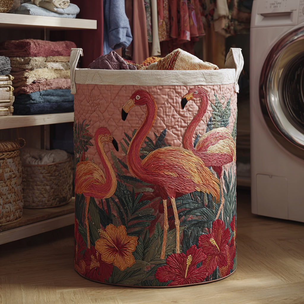 Quilted laundry basket with flamingos by Louise London