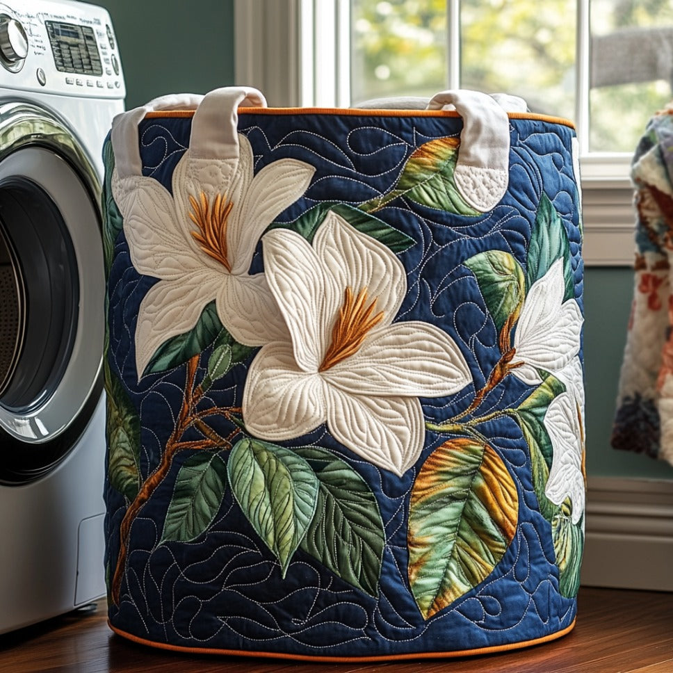 Quilted laundry basket with magnolias by Louise London