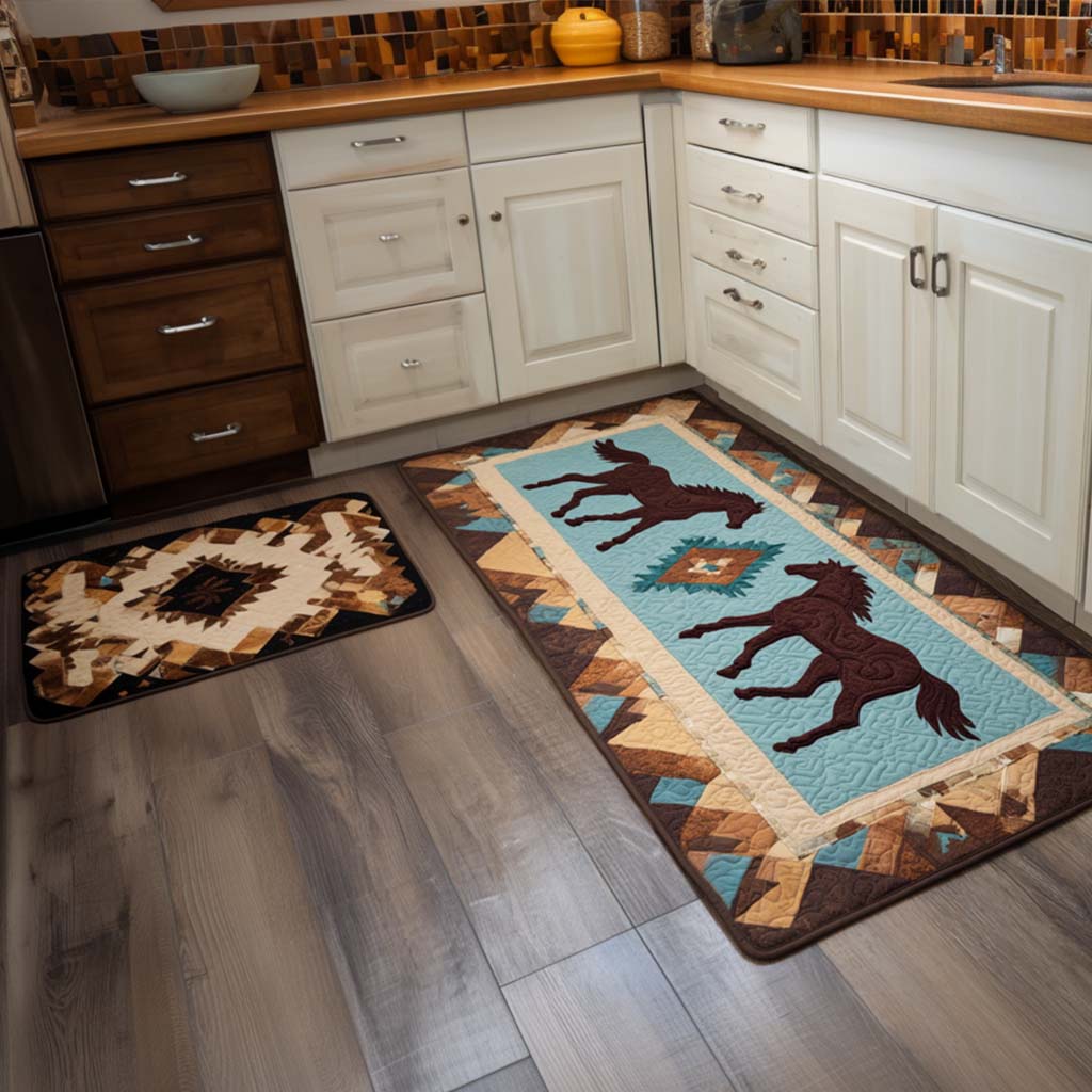 Non-slip kitchen rug with horses in aquamarine tones by Louise London