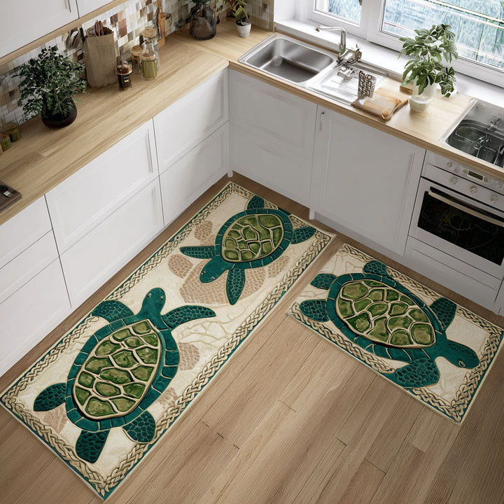 Non-slip kitchen rug with delicate shells by Louise London