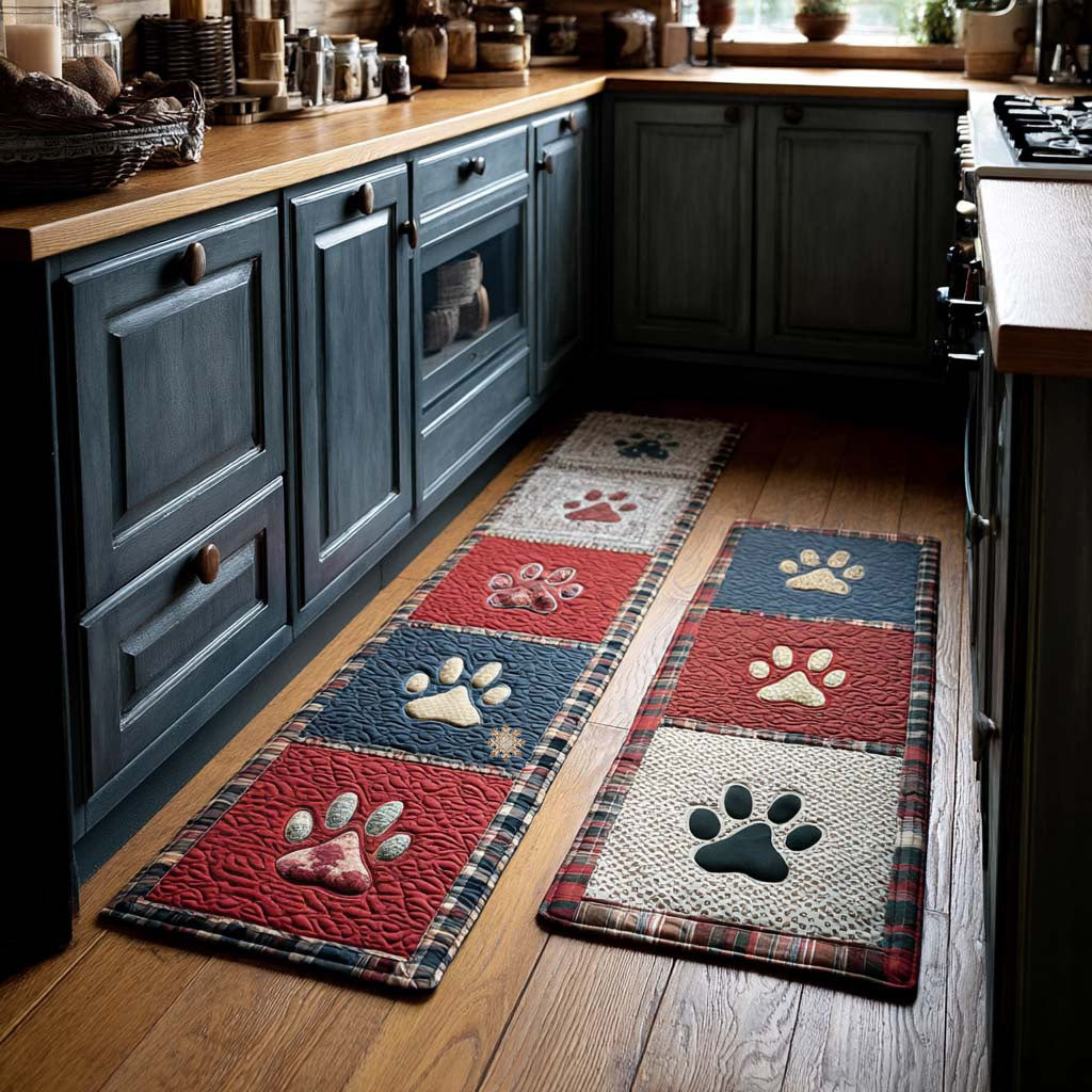 Non-slip kitchen mat with small paw prints by Louise London