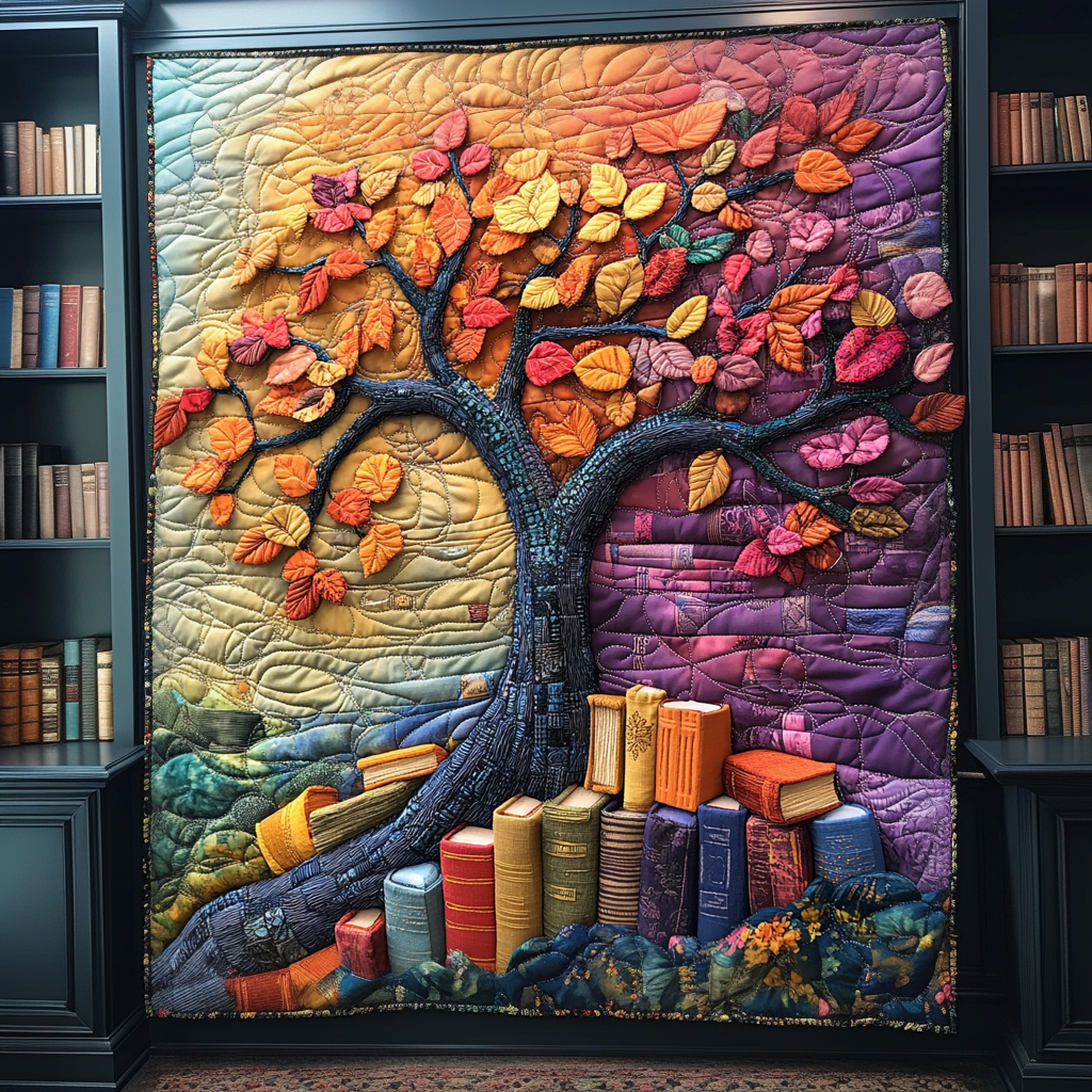 Quilted Blanket Tree of Books – Louise London quilted blanket