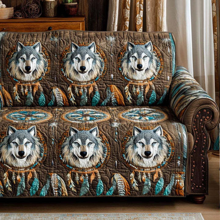 Quilted sofa cover with decorative pattern