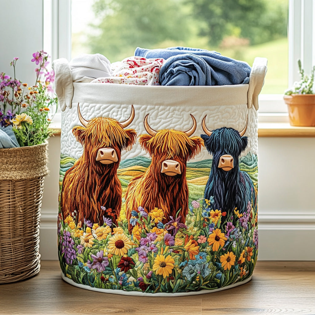 Quilted laundry basket with triple decorative motif by Louise London