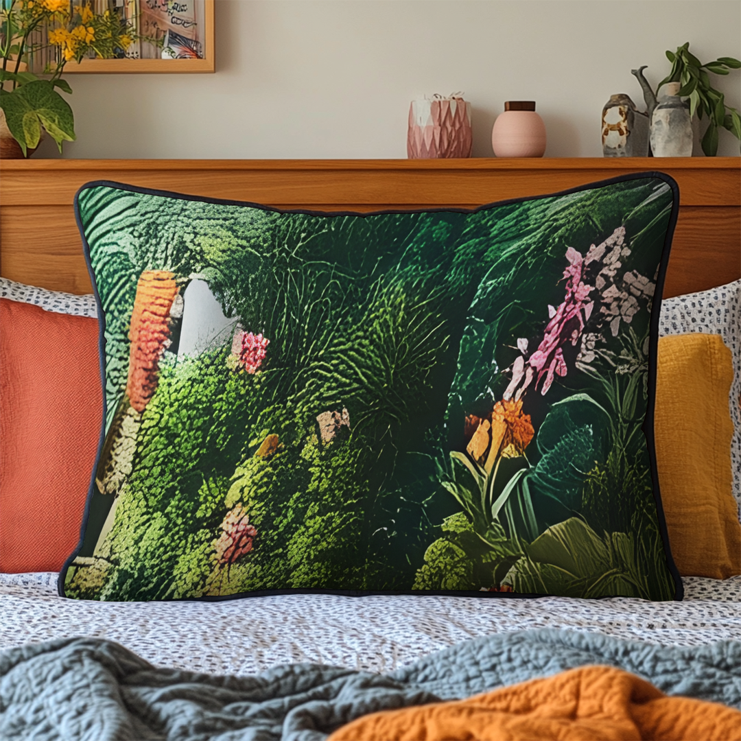 Quilted cushion cover with tropical retreat by Louise London