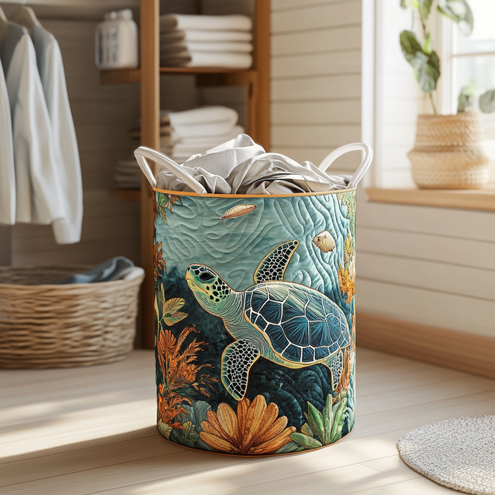 Quilted laundry basket with sea turtle by Louise London