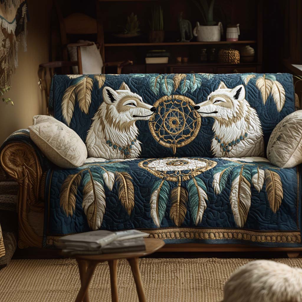 Quilted sofa cover with decorative pattern