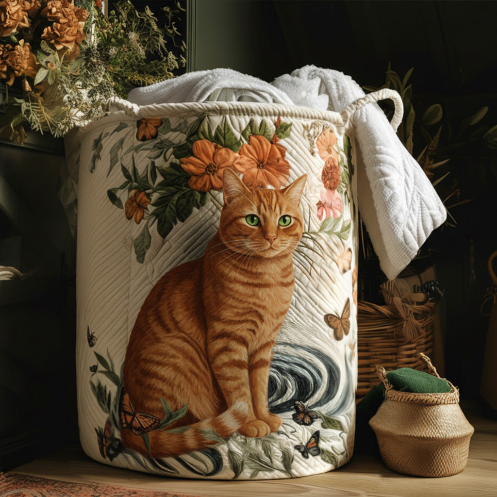 Quilted laundry basket with cat and golden whiskers by Louise London