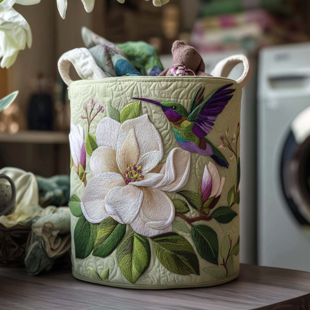 Quilted laundry basket with hummingbirds by Louise London
