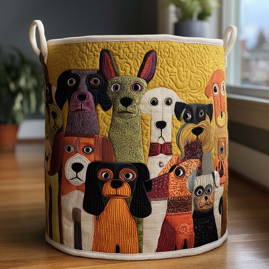 Quilted laundry basket with dog pattern by Louise London