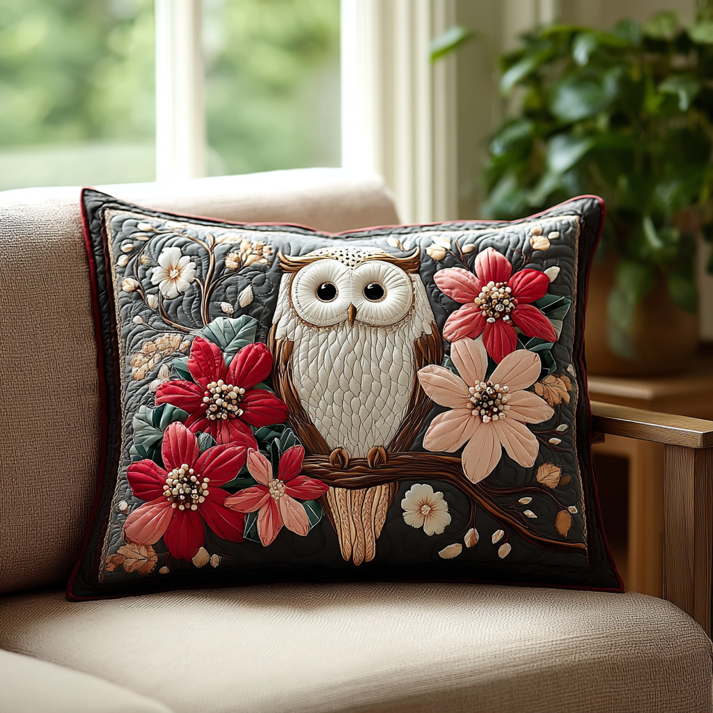 Quilted pillow cover with owl among flowers by Louise London