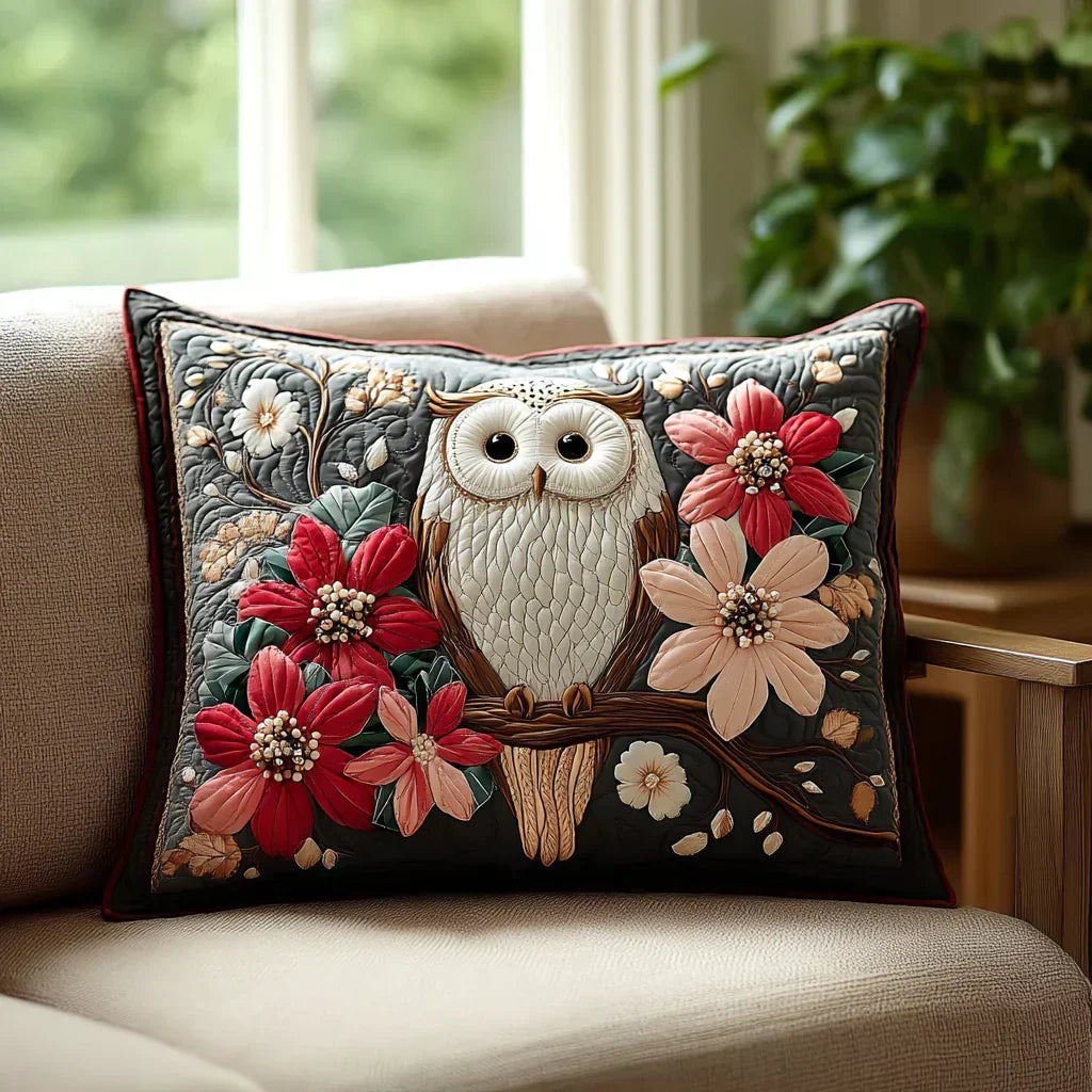 Quilted pillow cover with owl and flowers by Louise London