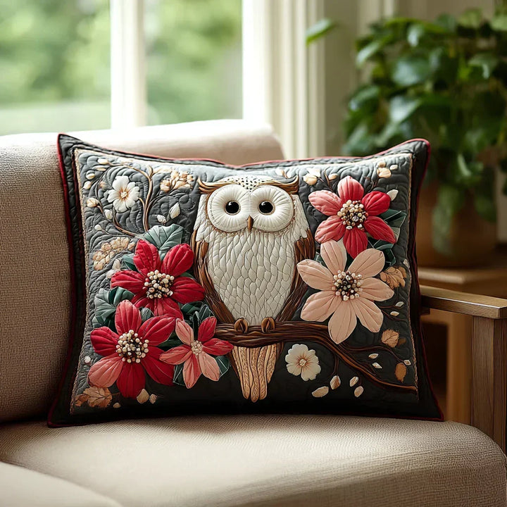 Quilted pillow cover with owl and flowers by Louise London