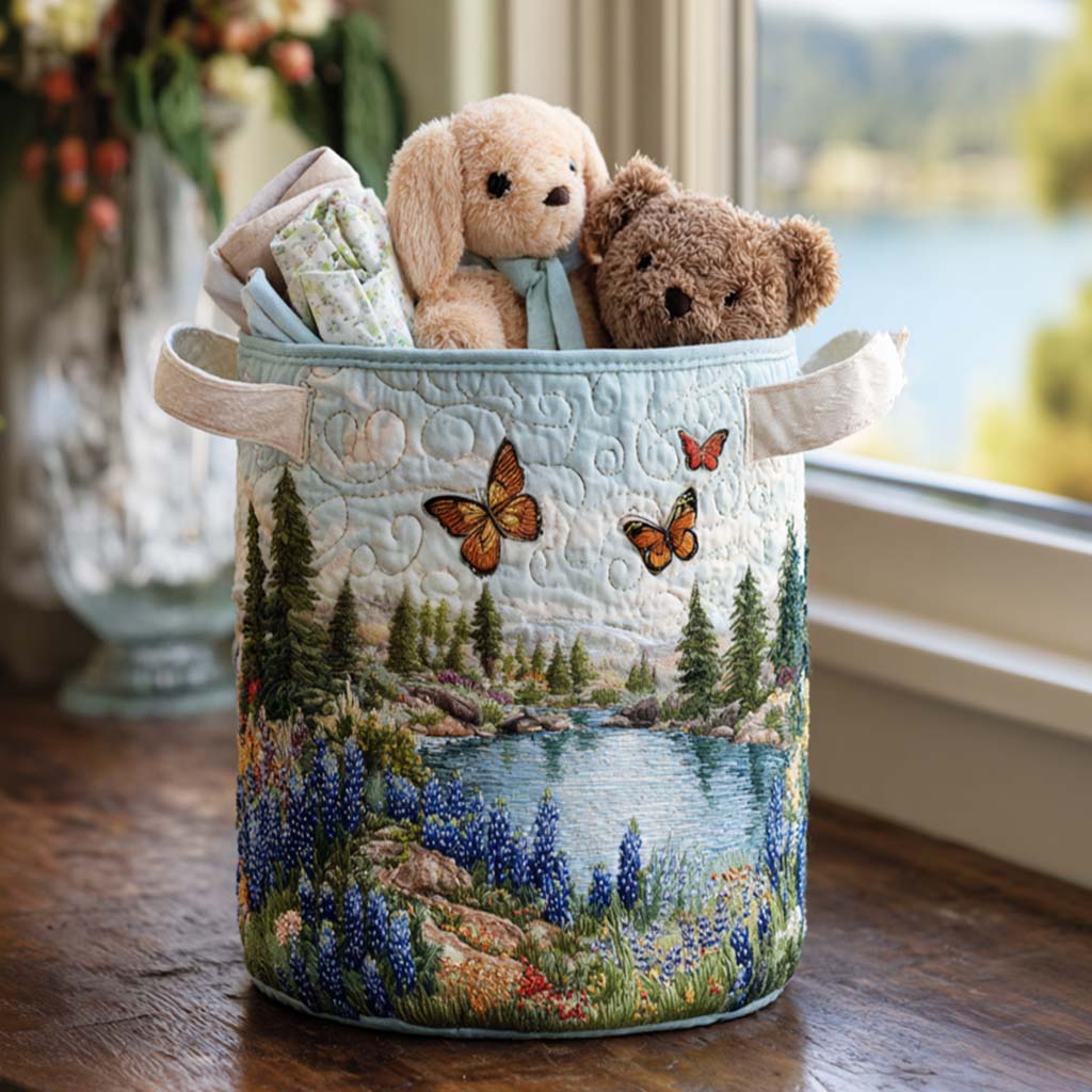 Quilted laundry basket with blue flowers – product image 5