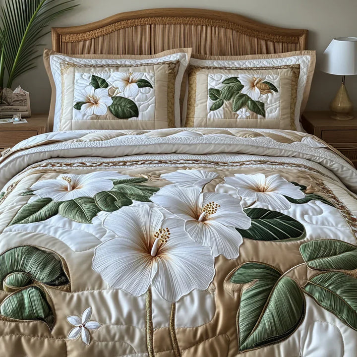 Quilted Bed Cover Set - White Hibiscus by Louise London - product image 1