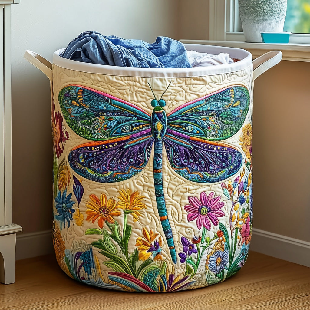 Quilted laundry basket with dragonfly