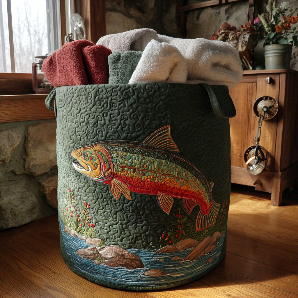 Quilted laundry basket with fish and natural landscape by Louise London