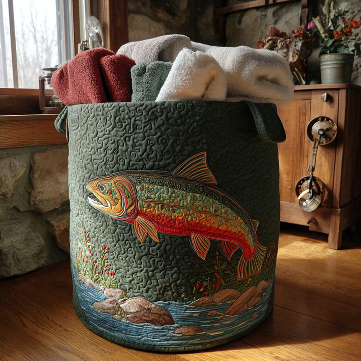 Quilted laundry basket with fish and natural landscape by Louise London