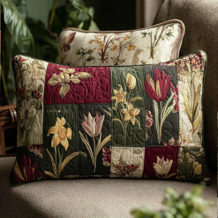 Quilted pillow cover with wildflowers by Louise London