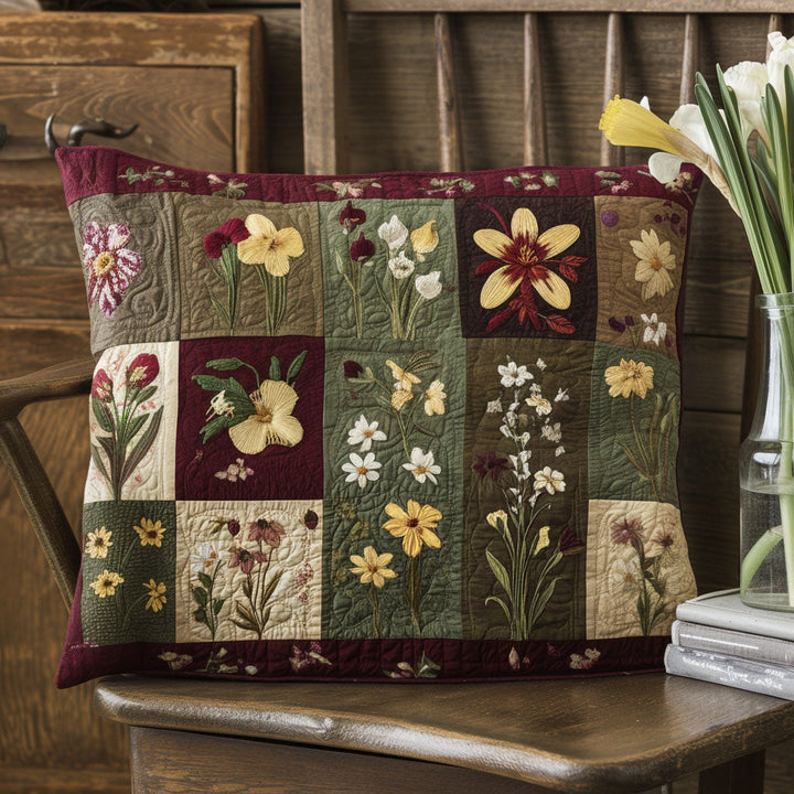 Quilted cushion cover with wildflowers by Louise London