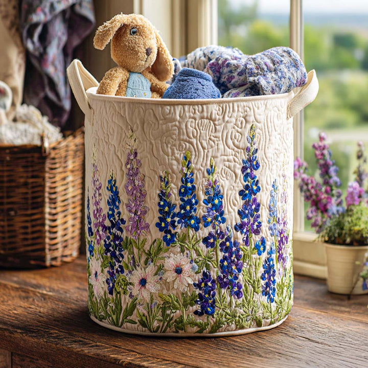 Quilted laundry basket with blue flowers