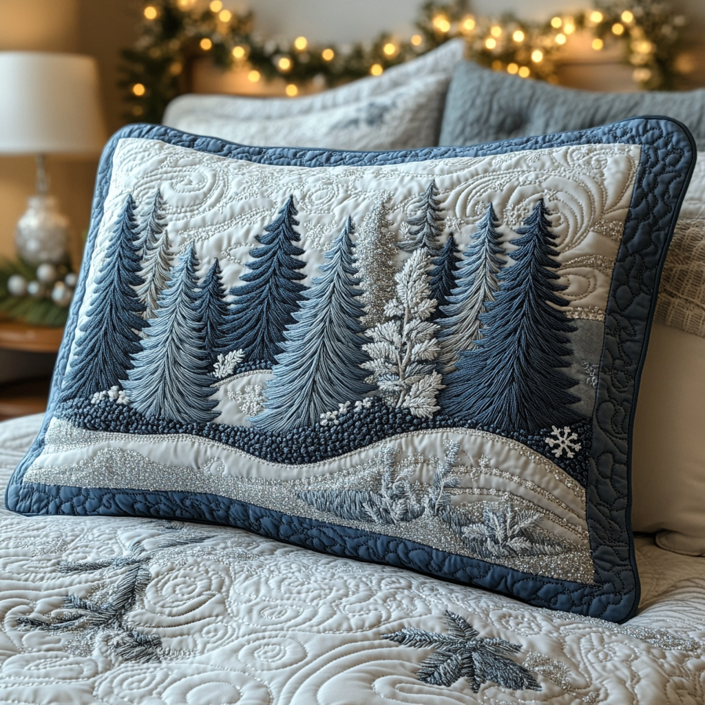 Quilted cushion cover with winter forest by Louise London
