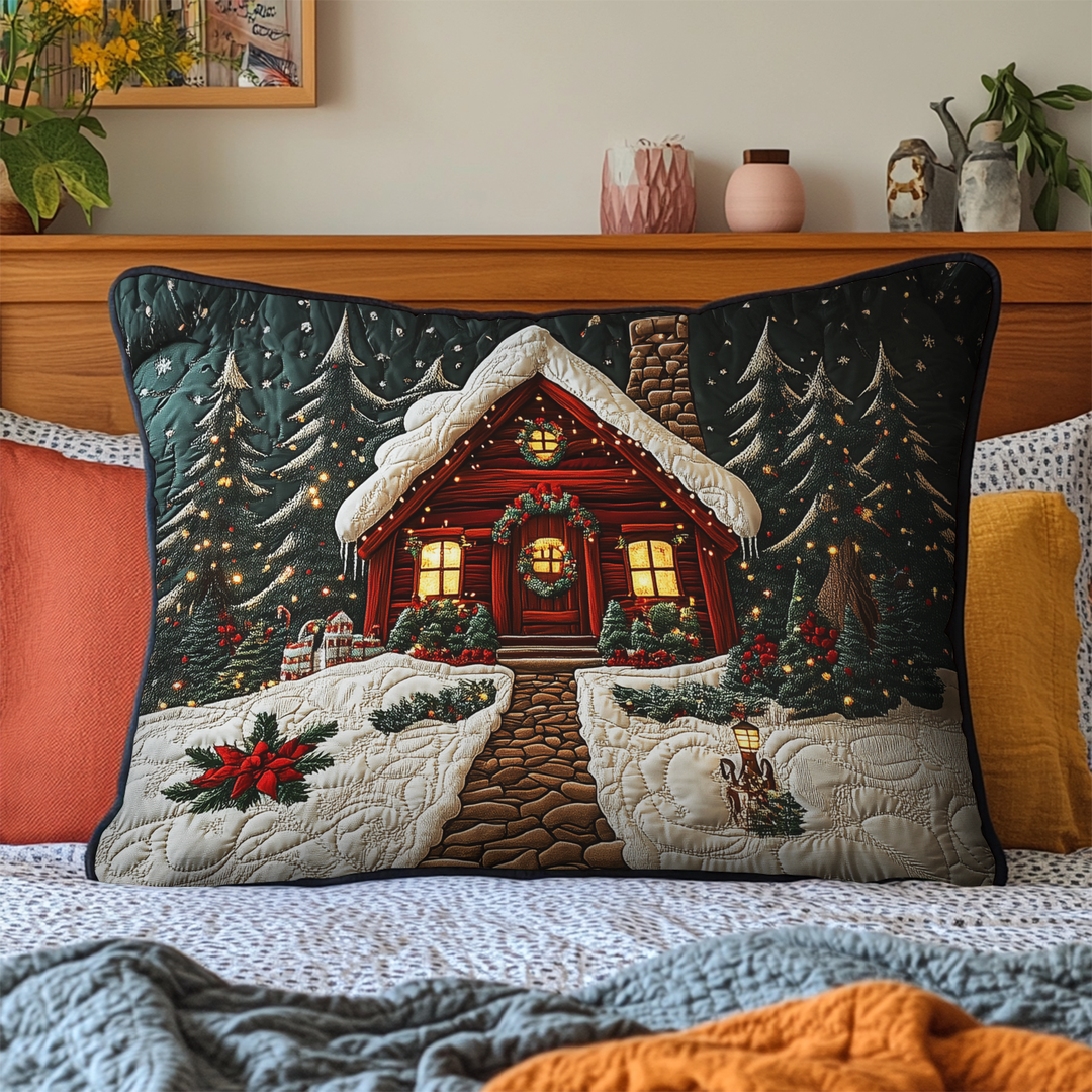 Quilted cushion cover with winter cabin by Louise London