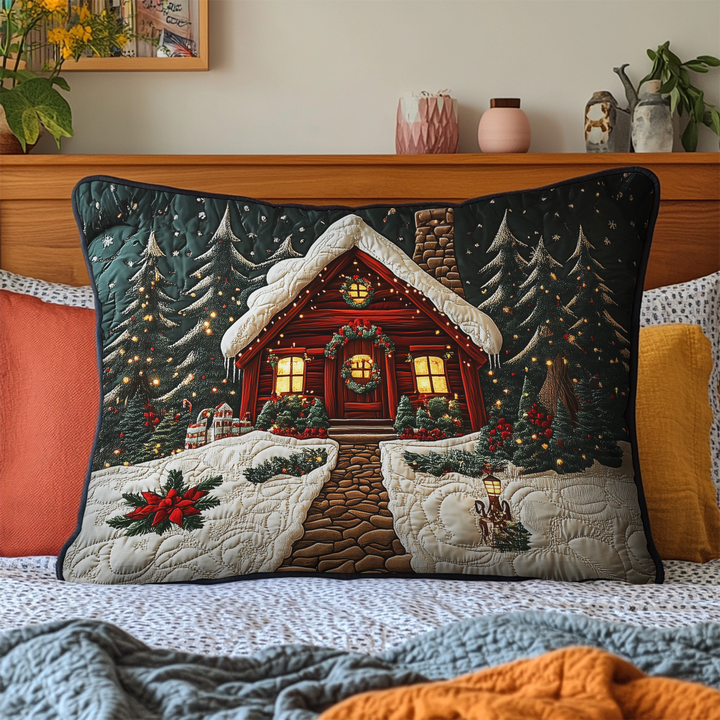 Quilted cushion cover with winter cabin by Louise London