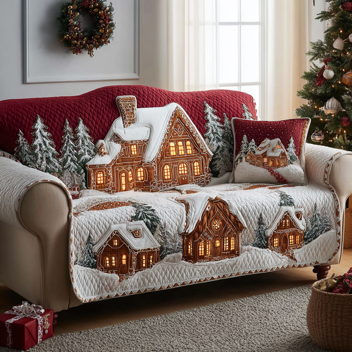 Quilted sofa cover with winter cabin design – Louise London