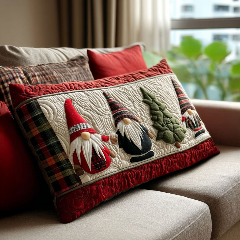 Quilted pillow cover with winter gnomes by Louise London