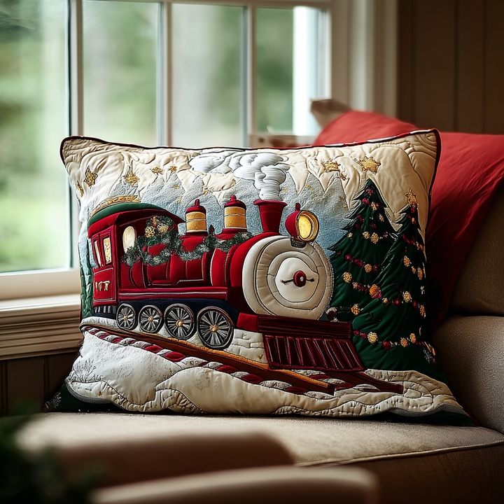 Quilted pillow cover with train in winter landscape by Louise London