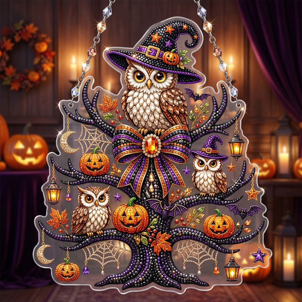 🔥HOT SALE 70% OFF - 🎃✨ Halloween Diamond Art Ornament Kit – Sparkling DIY Window Hanging Decor – 🦉🎃 Witch Owl Tree