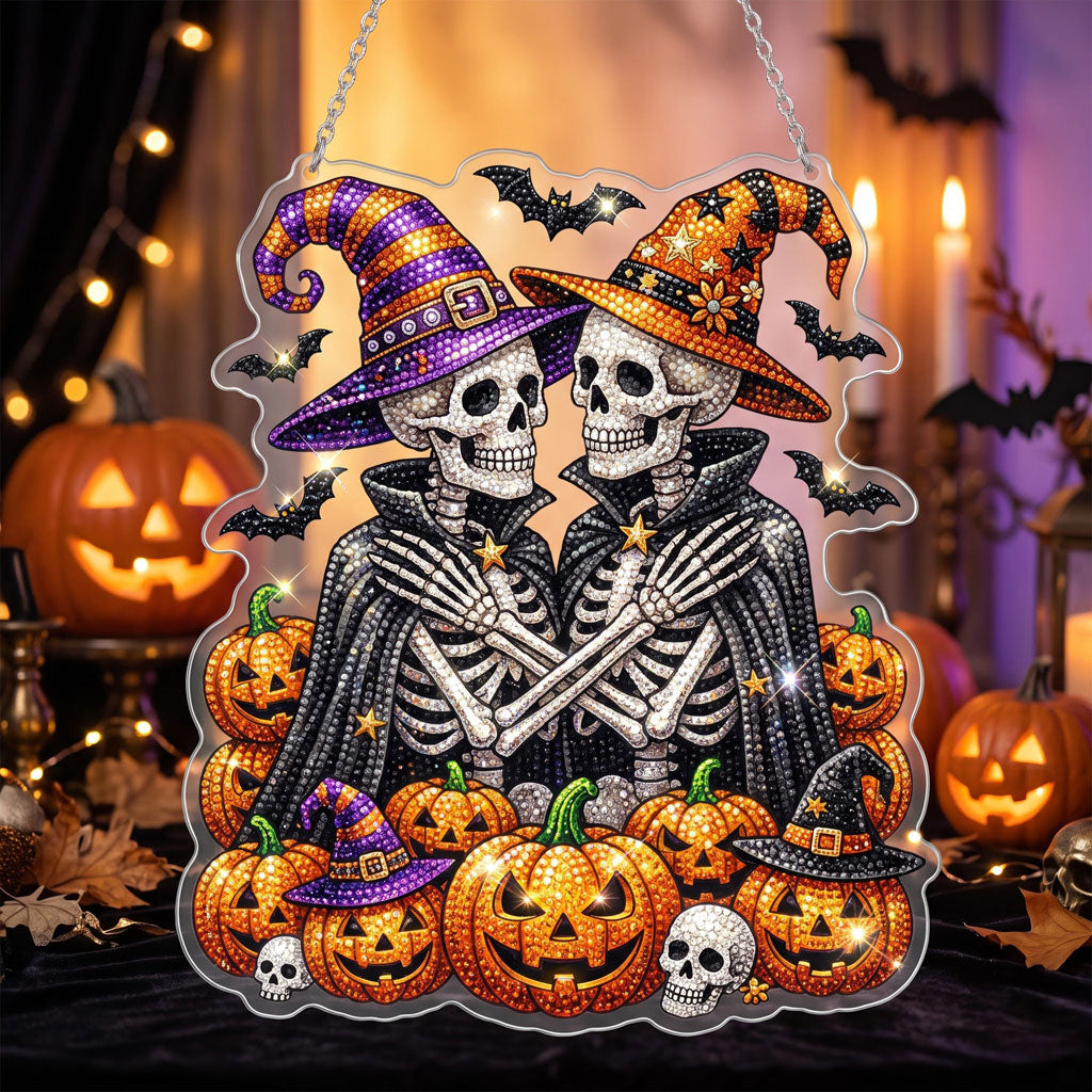 🔥HOT SALE 70% OFF - 🎃✨ Halloween Diamond Art Ornament Kit – Sparkling DIY Window Hanging Decor – 💀🎃 Witch Skeleton Couple