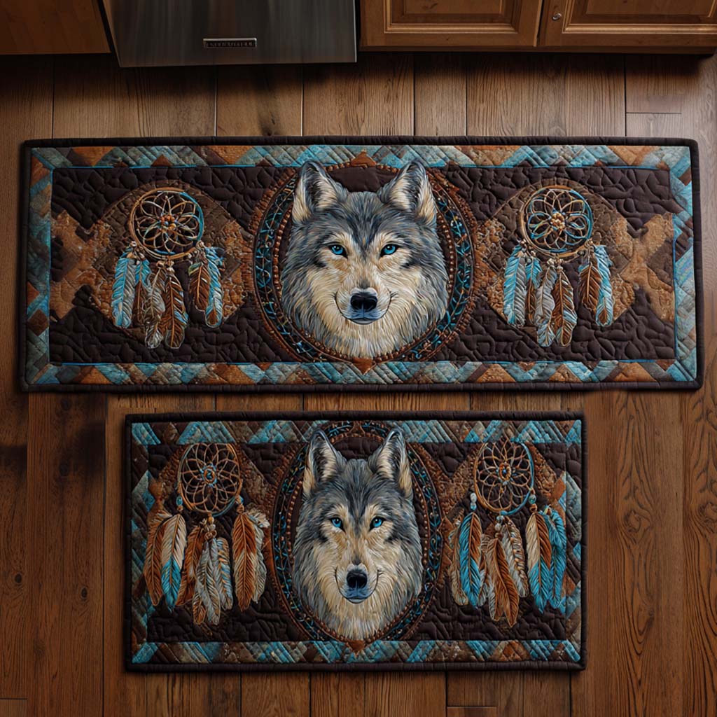 Non-slip kitchen rug with wolf and dreamcatcher by Louise London