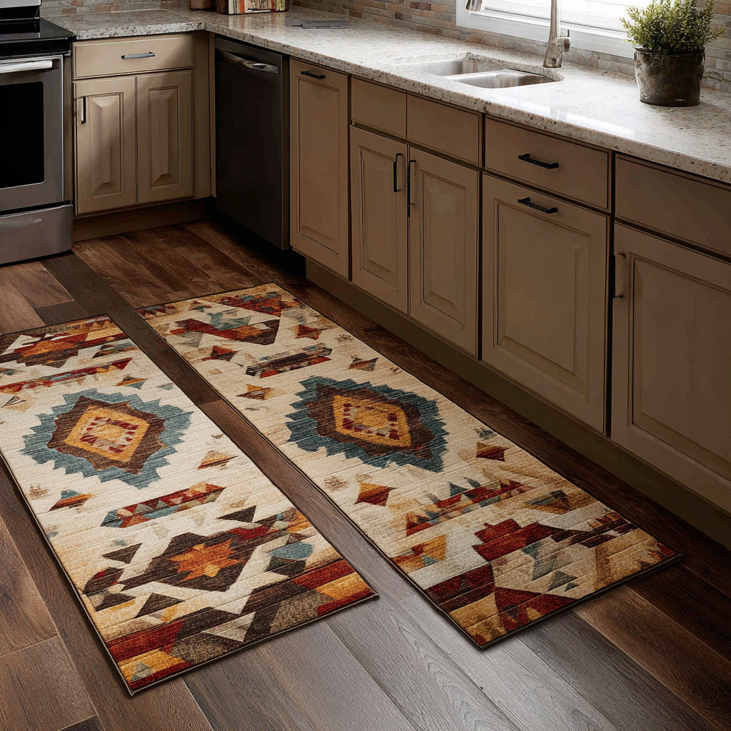 Non-slip kitchen rug with woven pattern by Louise London