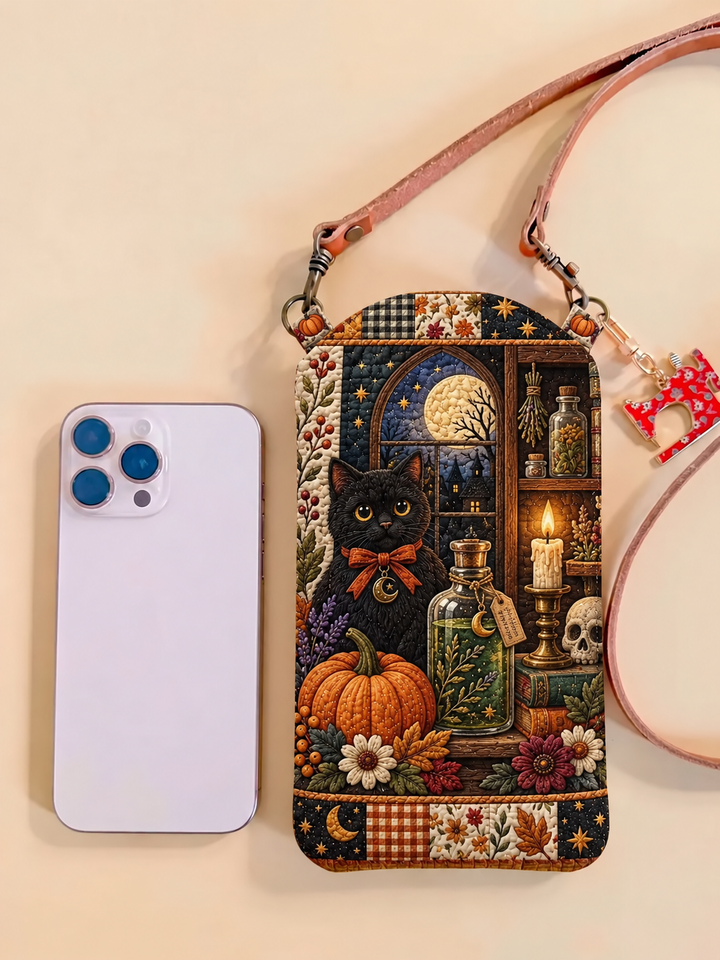 Slim Quilted Phone Crossbody Bag – Black Cat Moonlight Patchwork