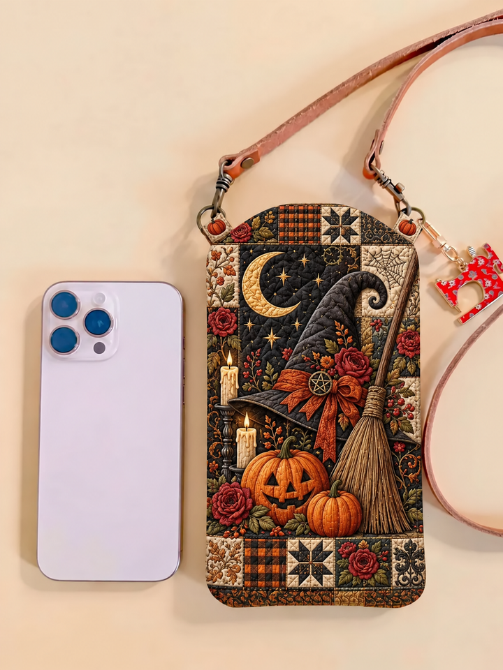 Slim Quilted Phone Crossbody Bag – Witch’s Broom in a Pumpkin Patch