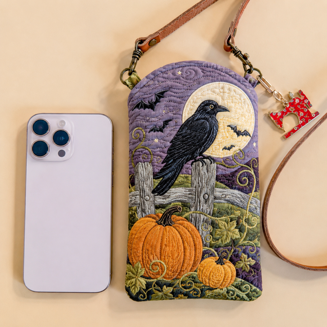 Slim Quilted Phone Crossbody Bag – Raven and Moon over a Pumpkin Patch