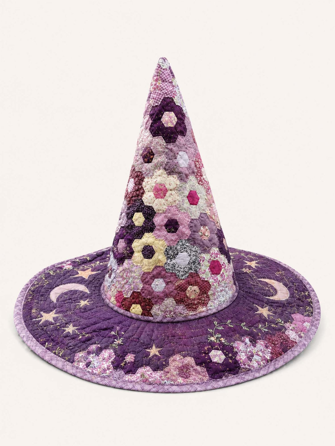Handmade Quilted Witch Hat – Hexagon Patchwork with Star Motifs