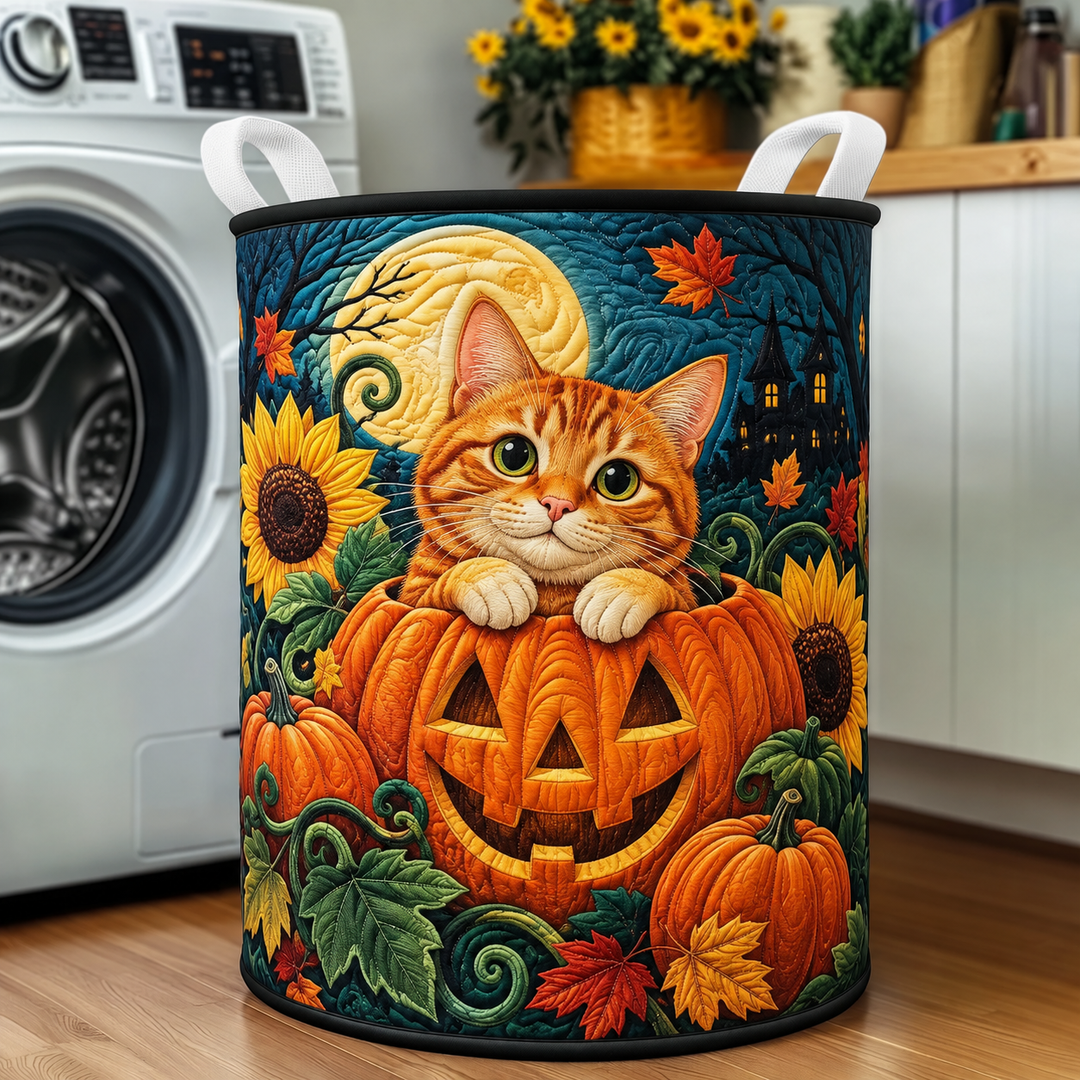 Quilted Laundry Basket – Ginger Cat with Pumpkins and Sunflowers