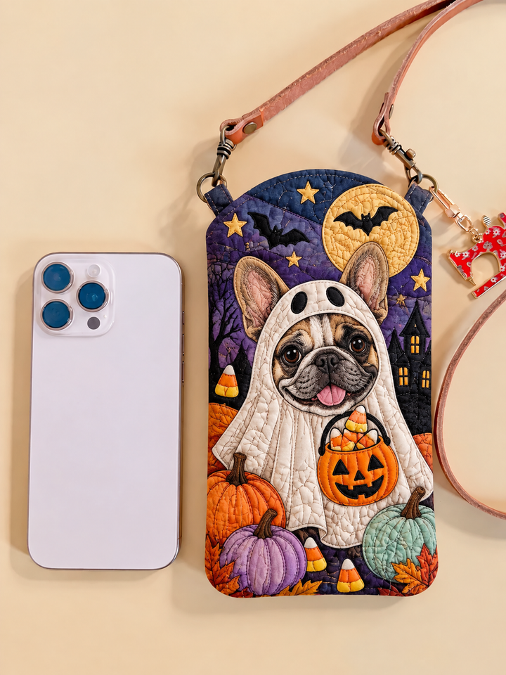 Slim Quilted Phone Crossbody Bag – Pug in a Ghost Costume for Halloween