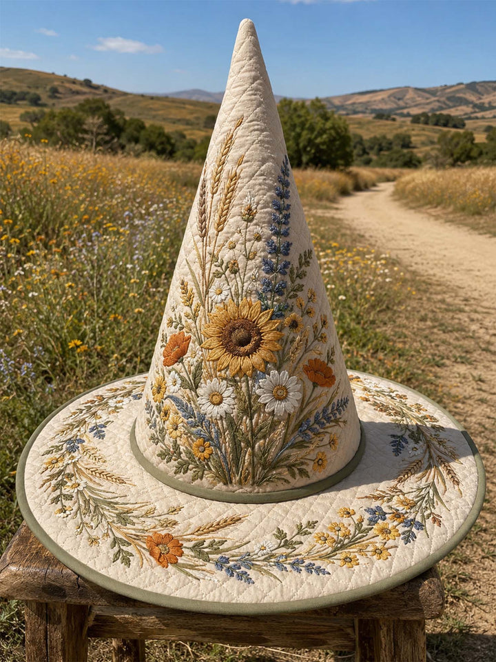Handmade Quilted Witch Hat – Embroidered Wildflowers and Sunflowers