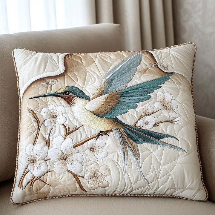 Quilted pillow cover with hummingbirds and floral refuge NCU0DK7893