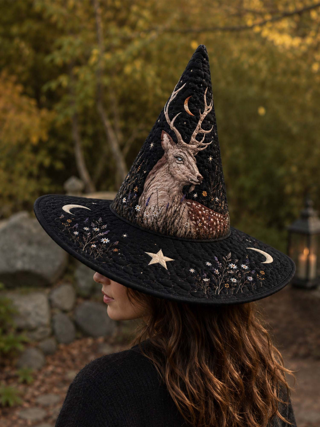 Handmade Quilted Witch Hat – Mystical Stag in a Dark Style