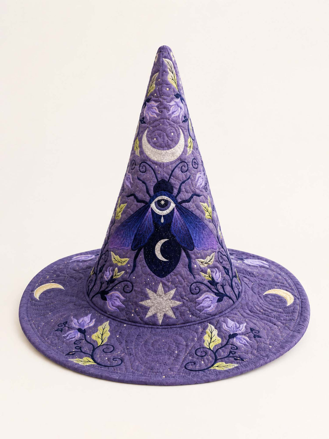 Handmade Quilted Witch Hat – Mystical Purple Moon and Stars