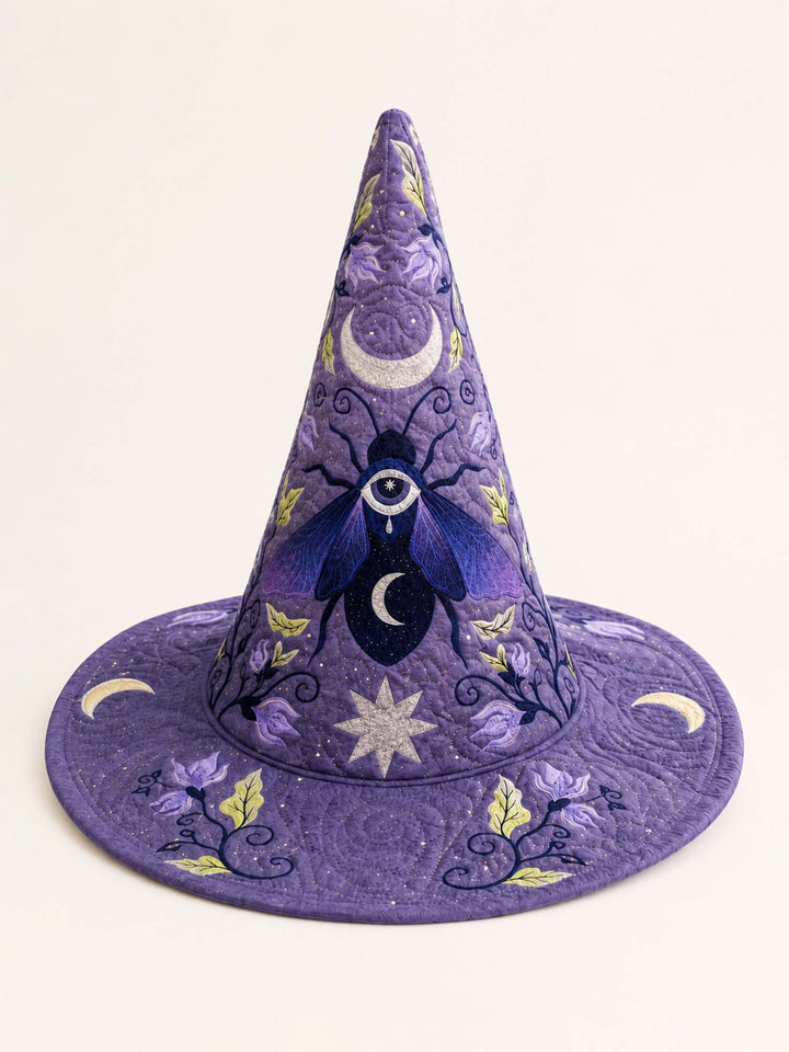 Handmade Quilted Witch Hat – Mystical Purple Moon and Stars